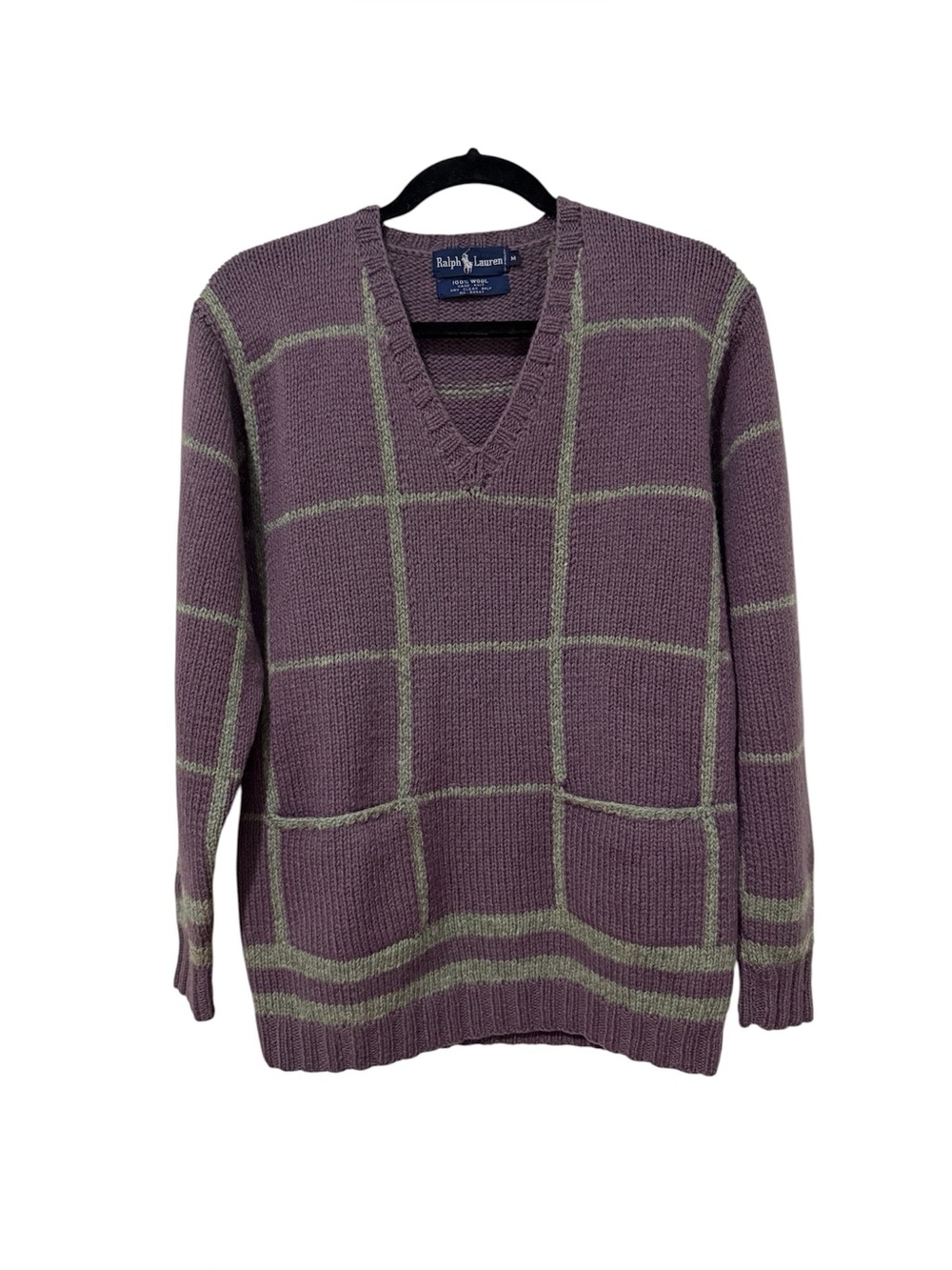VTGRalph Lauren 100% Wool Hand Knit Long Sleeve V-Neck Windowpane Sweater